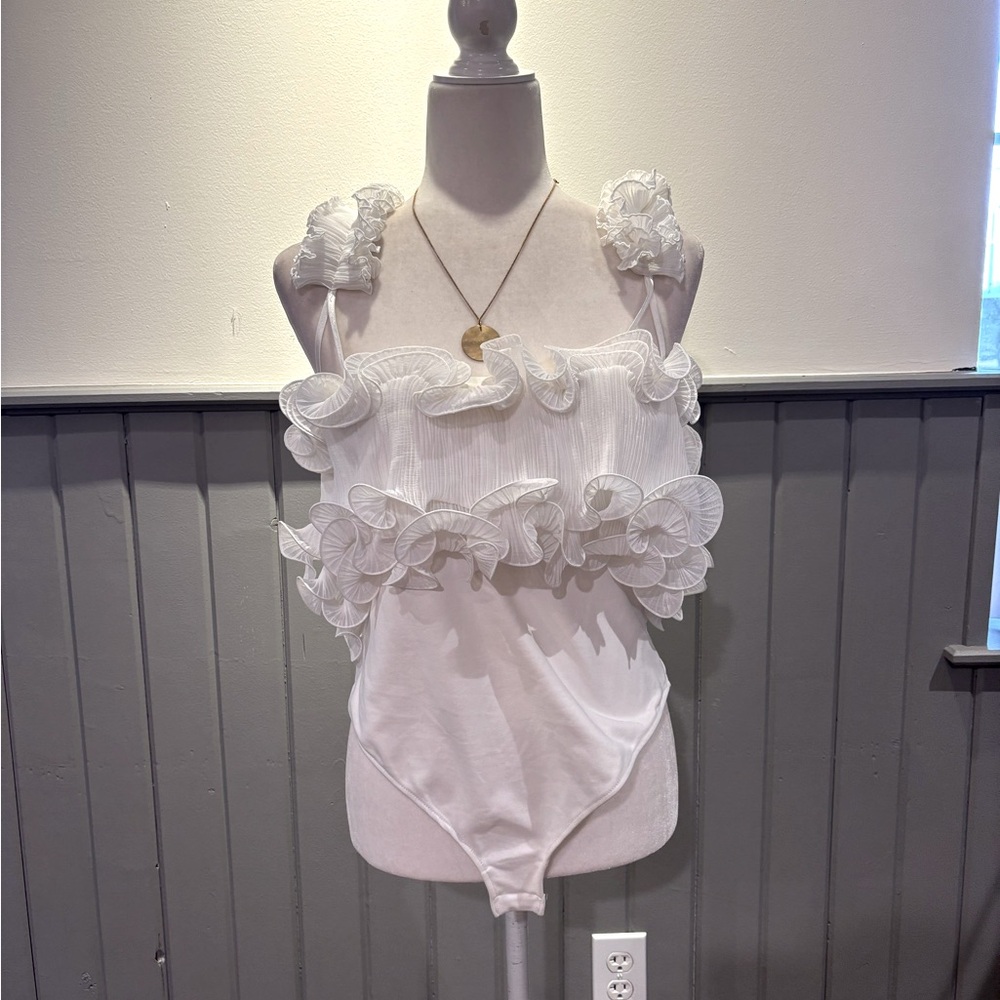 Free People White Ruffled Bodysuit
